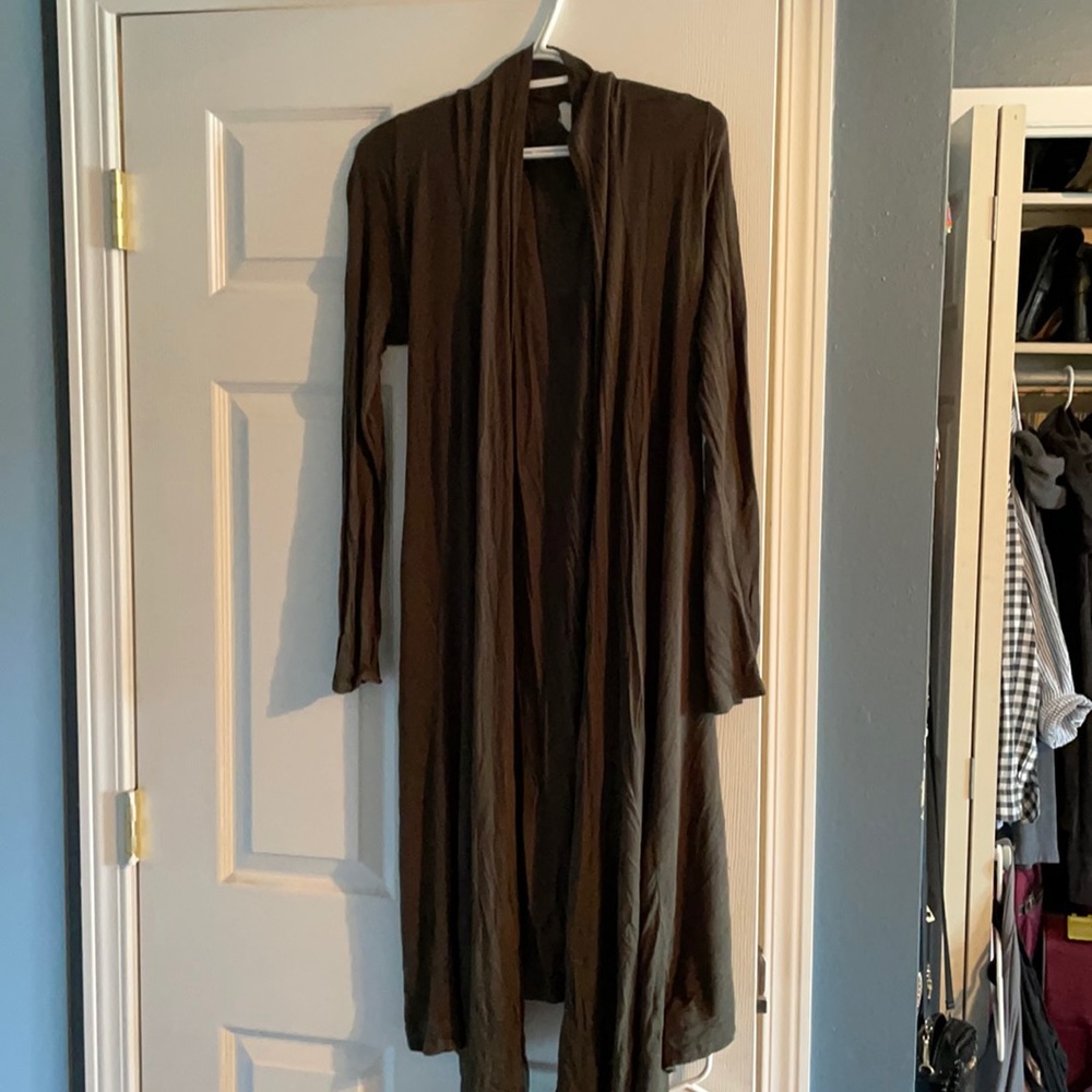 Dark olive green light knit Long drapey cardigan